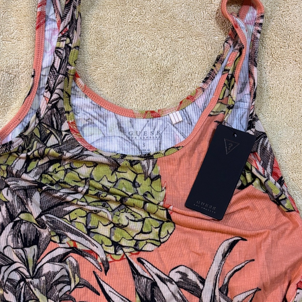 GUESS Coral Ribbed Tropical Print Tank Top